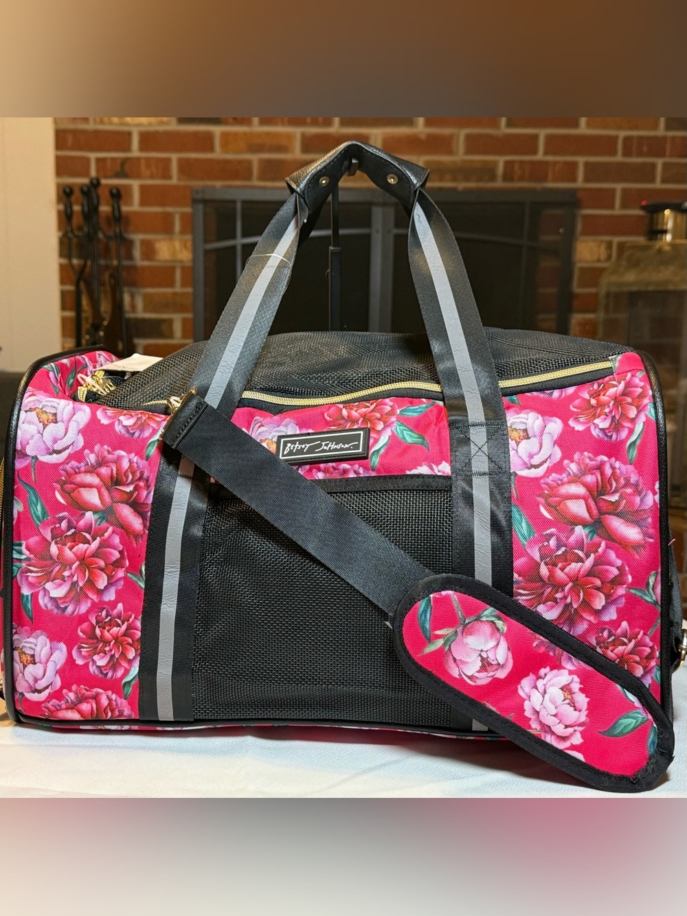 Betsey Johnson Pink Floral Small Pet Carrier with Black Trim
